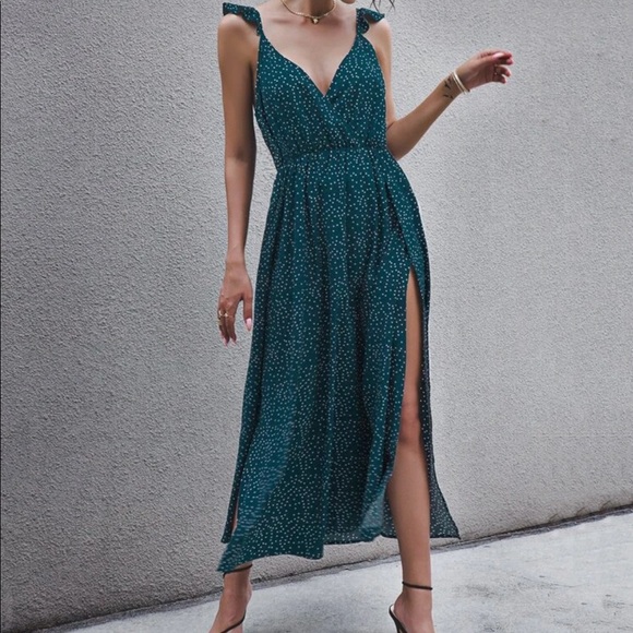 Boho dot slit thigh maxi dress teal blue - Picture 6 of 6